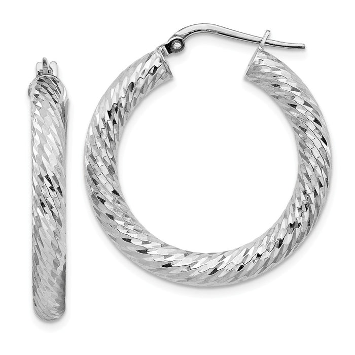 Million Charms 14k 4x20mm White Gold Diamond-cut Round Hoop Earrings, 29.25mm x 28.25mm