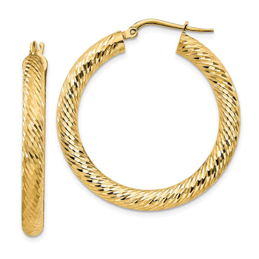 Million Charms 14k Yellow Gold 4x25mm Diamond-cut Round Hoop Earrings, 35mm x 34mm