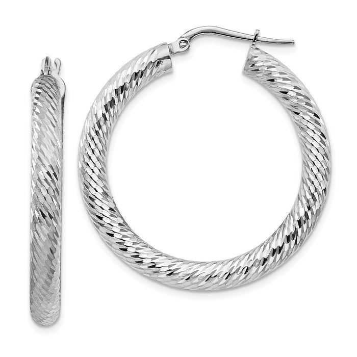 Million Charms 14k 4x25mm White Gold Diamond-cut Round Hoop Earrings, 35mm x 34mm