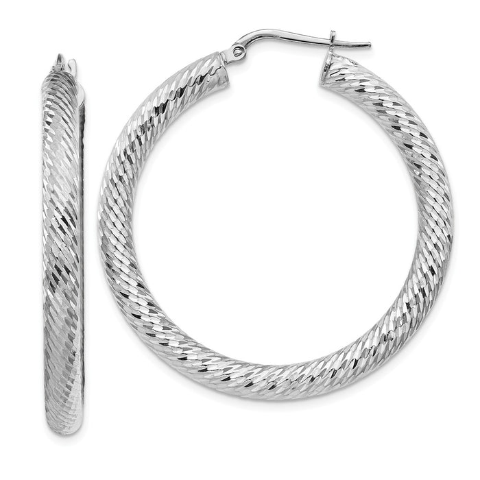 Million Charms 14k 4x30mm White Gold Diamond-cut Round Hoop Earrings, 41.25mm x 39.75mm