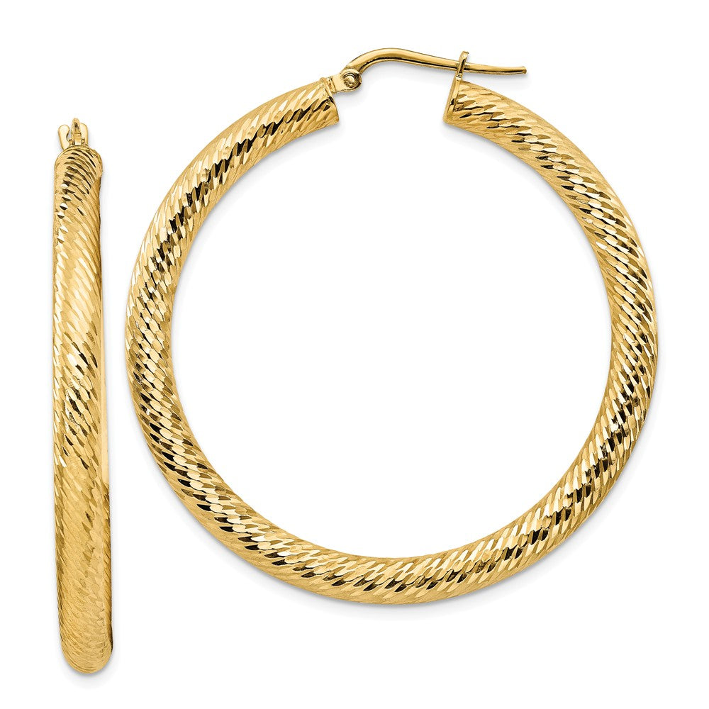 Million Charms 14k Yellow Gold 4x35mm Diamond-cut Round Hoop Earrings, 47.25mm x 45.5mm