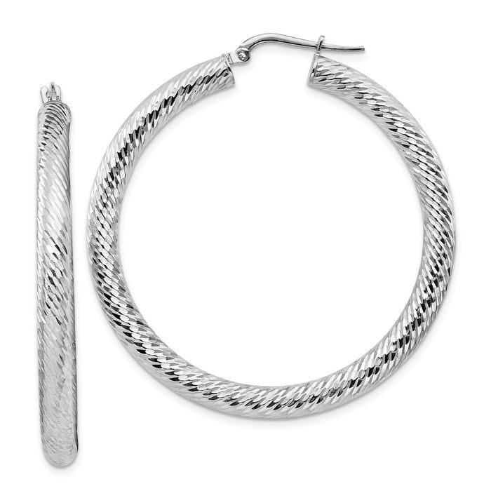 Million Charms 14k 4x35mm White Gold Diamond-cut Round Hoop Earrings, 47.25mm x 45.5mm