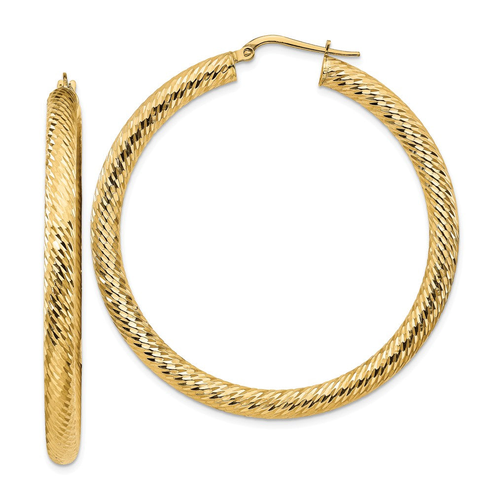 Million Charms 14k Yellow Gold 4x40mm Diamond-cut Round Hoop Earrings, 51.25mm x 50mm