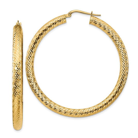 Million Charms 14k Yellow Gold 4x40mm Diamond-cut Round Hoop Earrings, 51.25mm x 50mm