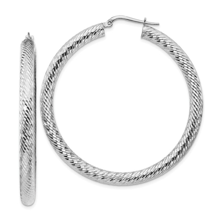 Million Charms 14k 4x40mm White Gold Diamond-cut Round Hoop Earrings, 51.25mm x 50mm