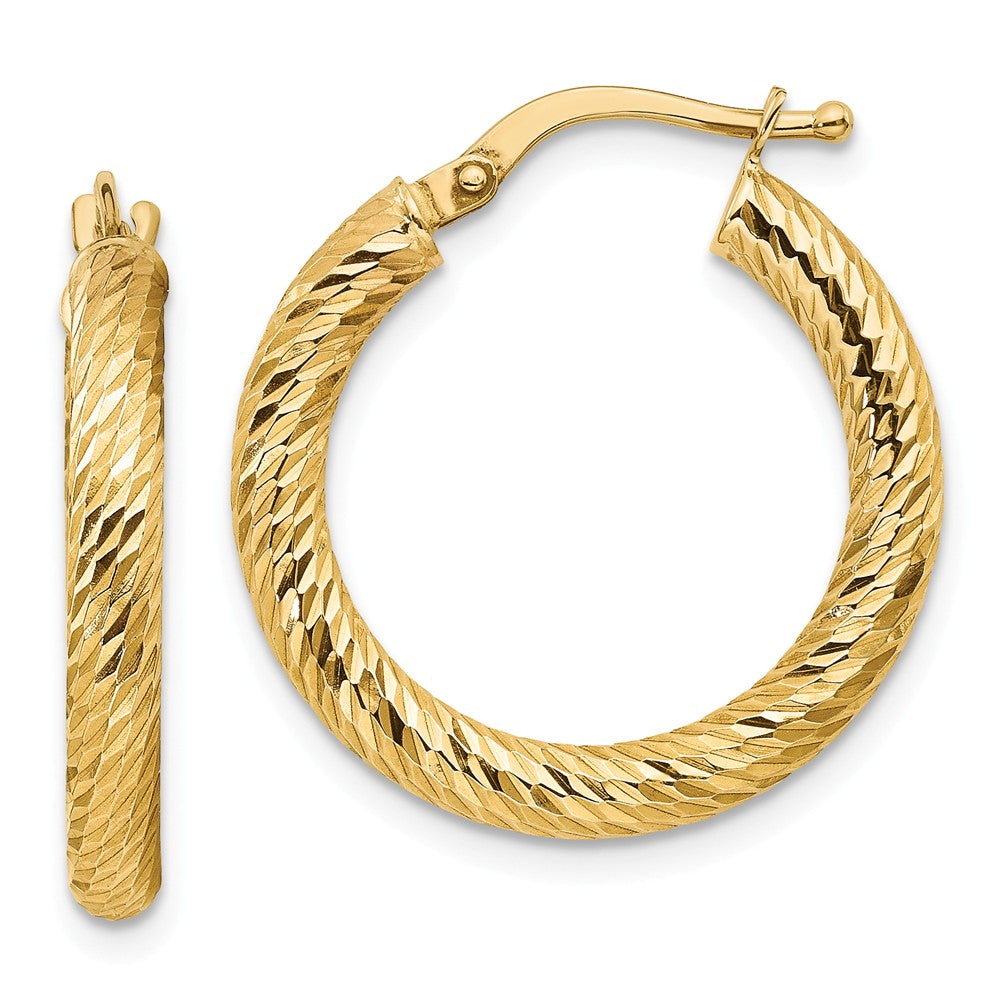 Million Charms 14k Yellow Gold 3x15mm Diamond-cut Round Hoop Earrings, 22.5mm x 21.5mm