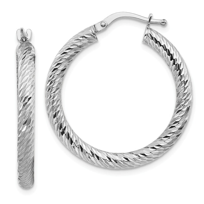 Million Charms 14k 3x20mm White Gold Diamond-cut Round Hoop Earrings, 28.25mm x 27mm