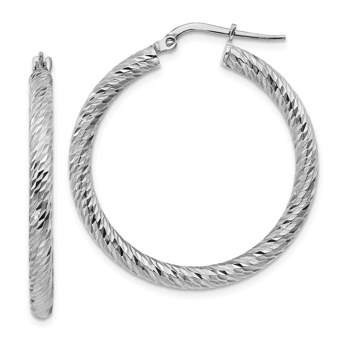 Million Charms 14k 3x25mm White Gold Diamond-cut Round Hoop Earrings, 33.25mm x 32.25mm