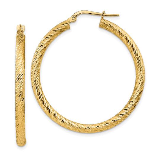 Million Charms 14k Yellow Gold 3x30mm Diamond-cut Round Hoop Earrings, 39.5mm x 37.25mm
