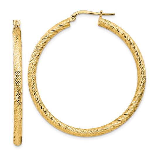 Million Charms 14k Yellow Gold 3x35mm Diamond-cut Round Hoop Earrings, 44.75mm x 42.5mm