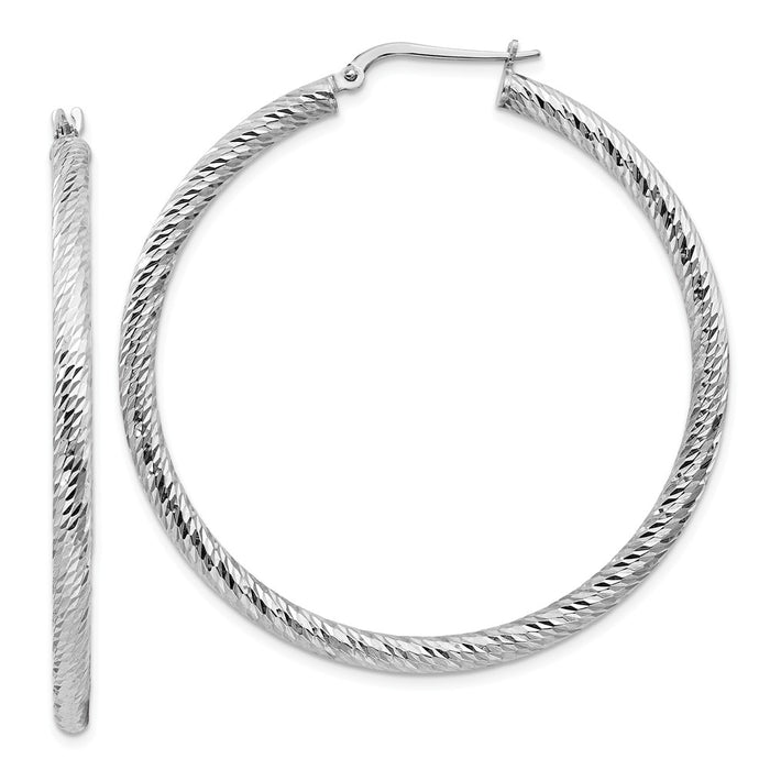 Million Charms 14k 3x40mm White Gold Diamond-cut Round Hoop Earrings, 49.75mm x 47.5mm