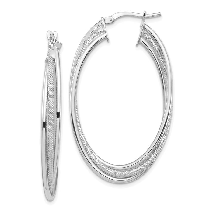 Million Charms 14k White Gold Polished & Textured Twisted Fancy Oval Hoop Earrings, 43.38mm