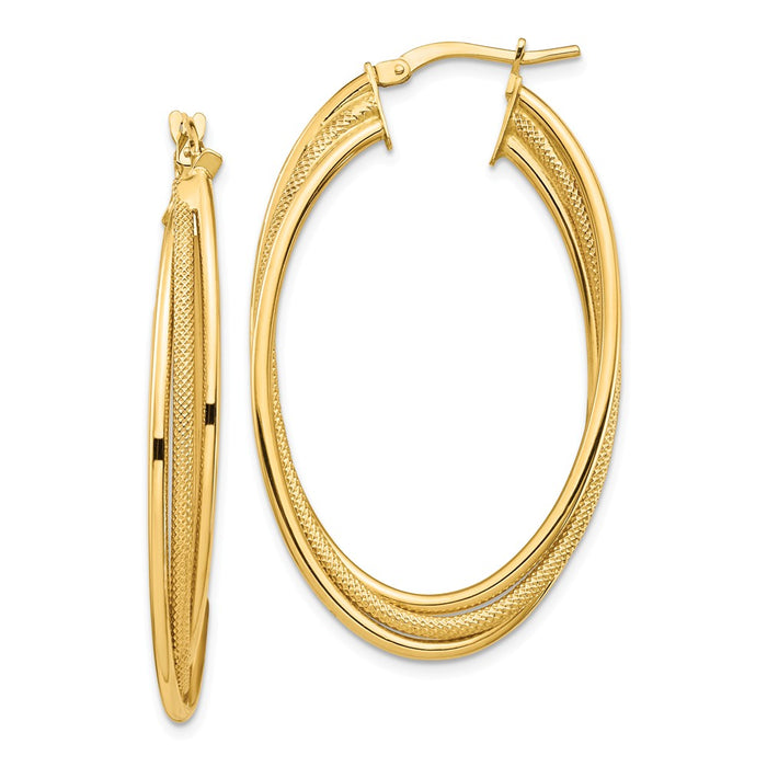 Million Charms 14k Yellow Gold Polished & Textured Twisted Fancy Oval Hoop Earrings, 43.38mm