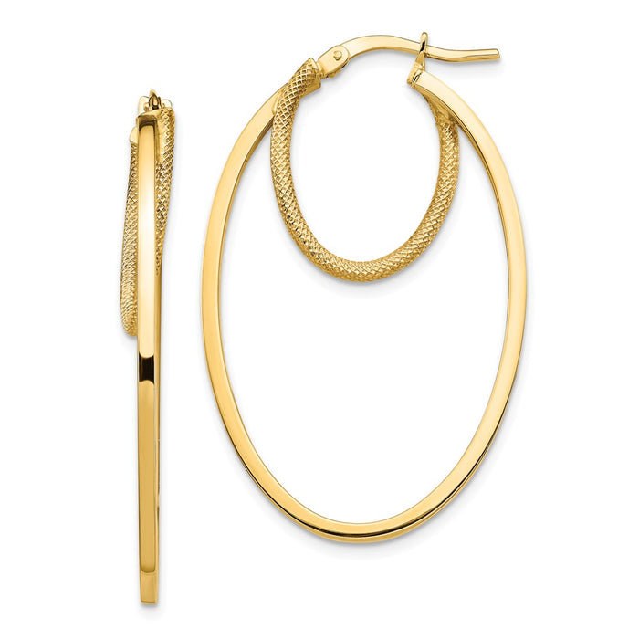Million Charms 14k Yellow Gold Polished & Textured Double Oval Hoop Earrings, 41.15mm x 25.75mm