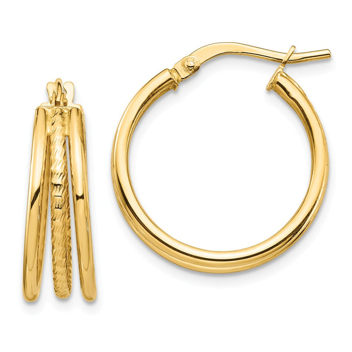 Million Charms 14k Yellow Gold Polished & Textured Small 3 Hoop Earrings, 21.34mm