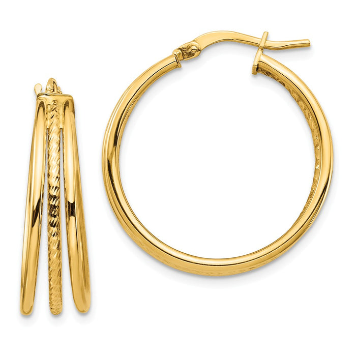 Million Charms 14k Yellow Gold Polished & Textured Medium 3 Hoop Earrings, 26.98mm