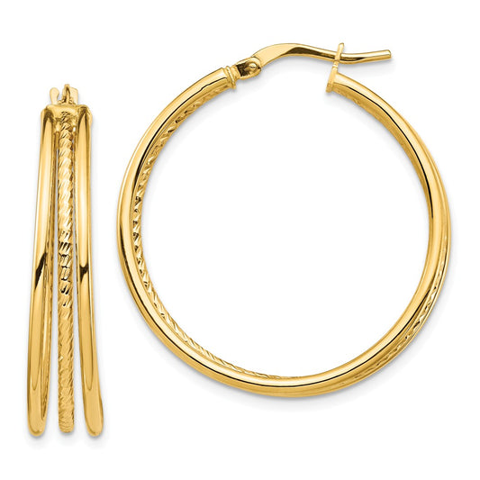 Million Charms 14k Yellow Gold Polished & Textured Large 3 Hoop Earrings, 32.42mm
