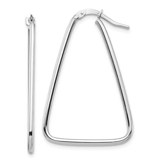 Million Charms 14k 1.5mm White Gold Polished Triangle Dangle Hoop Earrings, 35.8mm x 23.7mm