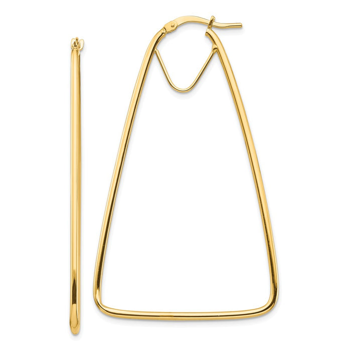 Million Charms 14k Yellow Gold 1.5mm Polished Double Triangle Dangle Hoop Earrings, 56.23mm x 33.48mm