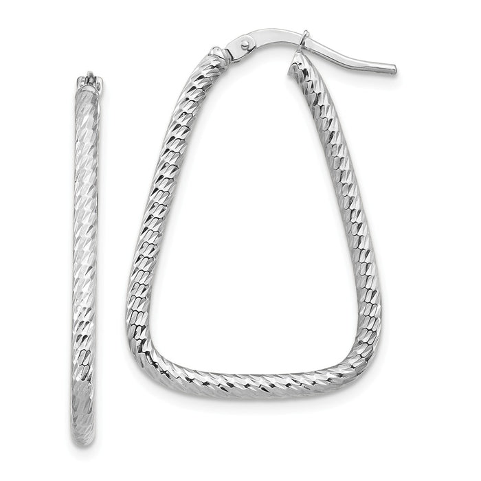 Million Charms 14k White Gold 2mm Small Diamond-cut Twisted Triangle Hoop Earrings, 31.07mm x 21.22mm