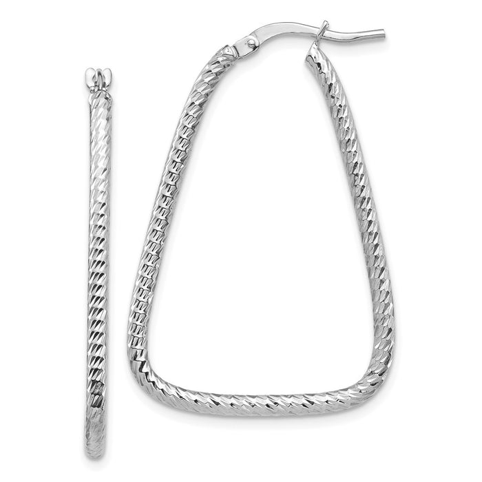 Million Charms 14k White Gold 2mm Diamond-cut Twisted Triangle Hoop Earrings, 37.13mm x 25.14mm