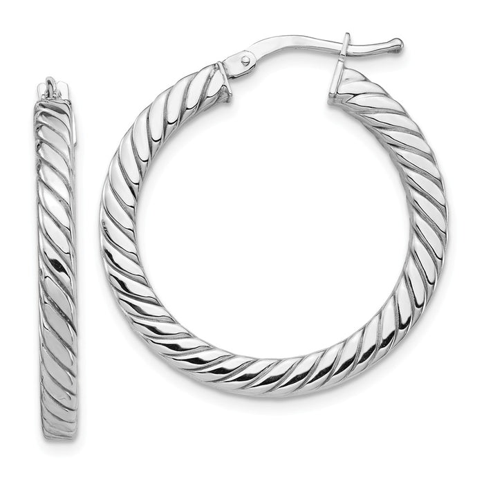 Million Charms 14k White Gold Polished & Twisted 3mm Square Tube Hoop Earrings, 28.5mm x 27.09mm