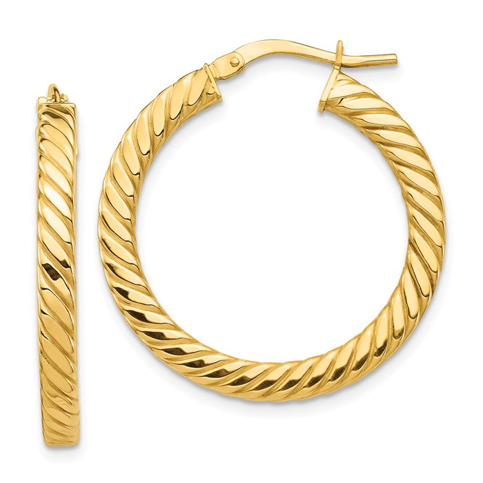 Million Charms 14k Yellow Gold Polished & Twisted 3mm Square Tube Hoop Earrings, 28.26mm x 27.14mm