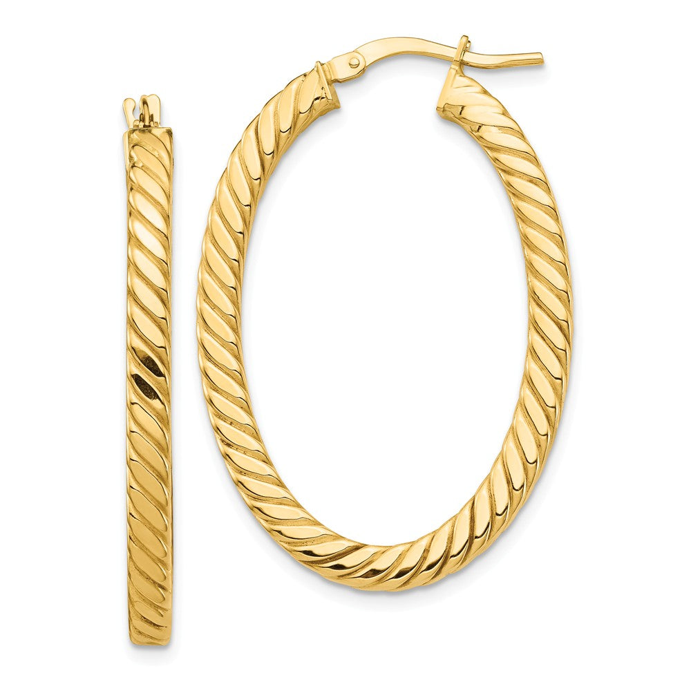 Million Charms 14k Yellow Gold Polished & Twisted 3mm Square Tube Oval Hoop Earrings, 37.54mm x 25.2mm