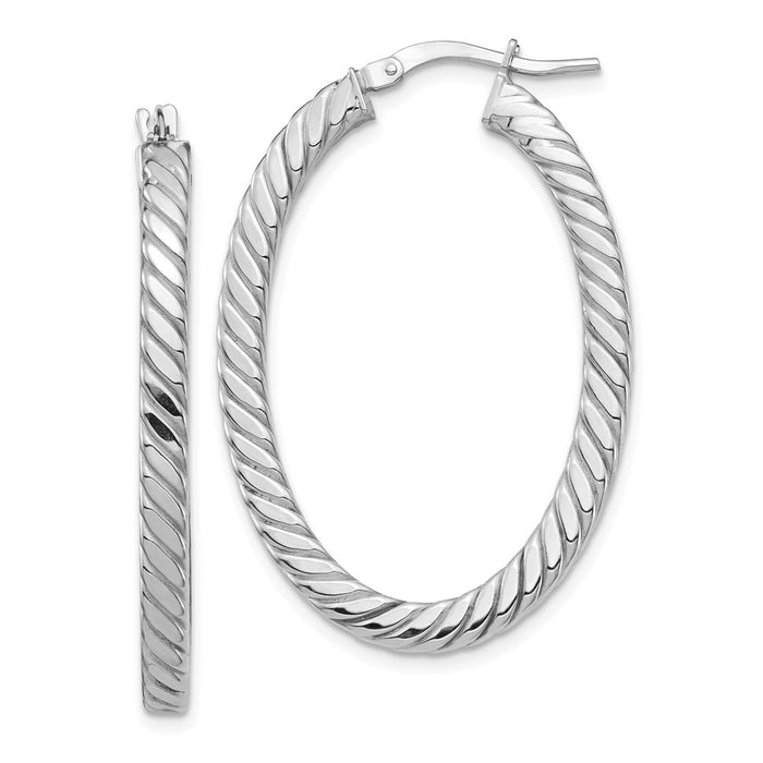 Million Charms 14k White Gold Polished & Twisted 3mm Square Tube Oval Hoop Earrings, 37.36mm x 24.87mm