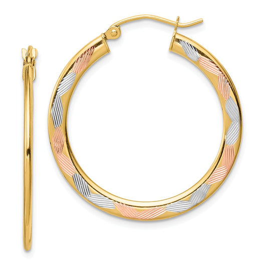 Million Charms 14k with White & Rose Rhodium Diamond-cut Hoop Earrings, 1.3mm