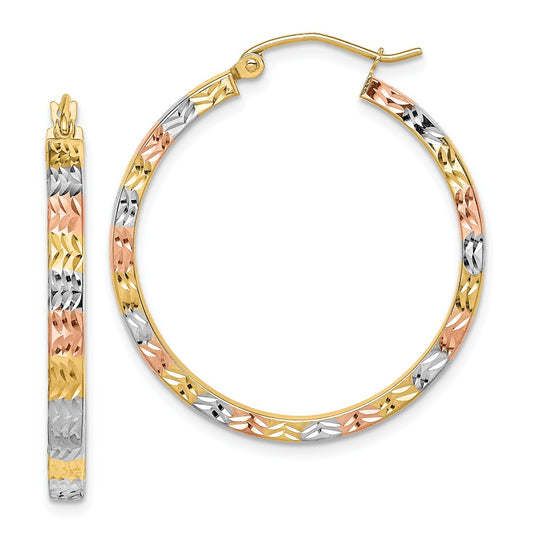 Million Charms 14k with White and Rose Rhodium Diamond-cut Square Tube Hoop Earrings,