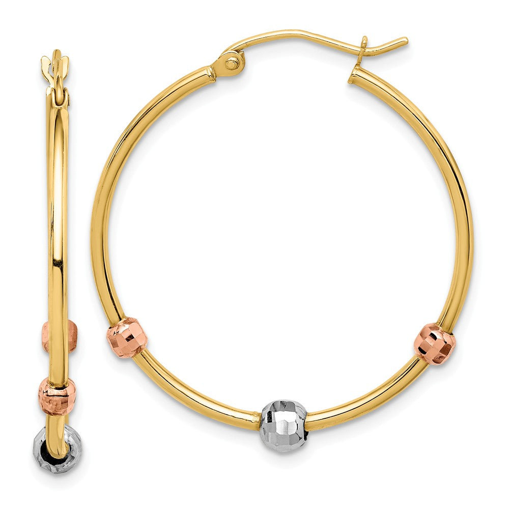 Million Charms 14k Polished with Diamond-Cut Beads Tri-color Hoop Earrings,