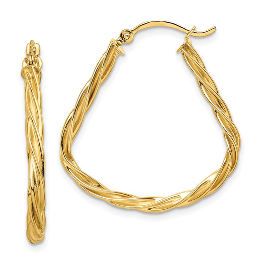 Million Charms 14k Yellow Gold Polished Twisted Triangular 2.5mm Hoop Earrings, 29mm x 27.75mm