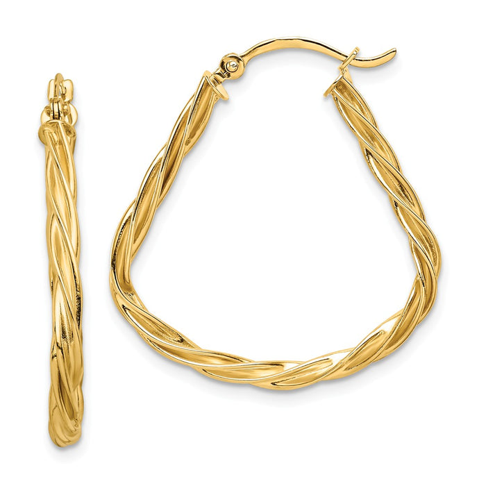 Million Charms 14k Yellow Gold Polished Twisted Triangular 2.5mm Hoop Earrings, 29mm x 27.75mm