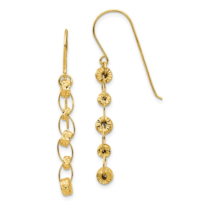 Million Charms 14k Yellow Gold Diamond-cut Donut Beads Dangle Earrings, 40.65mm x 4.08mm