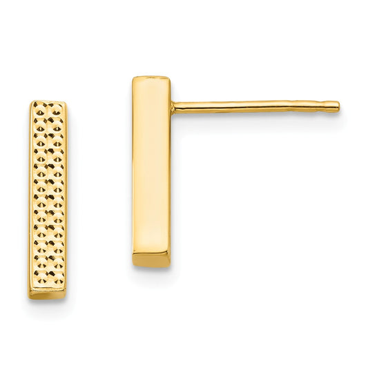 Million Charms 14k Yellow Gold Textured Bar Post Earrings, 12.7mm x 2.55mm