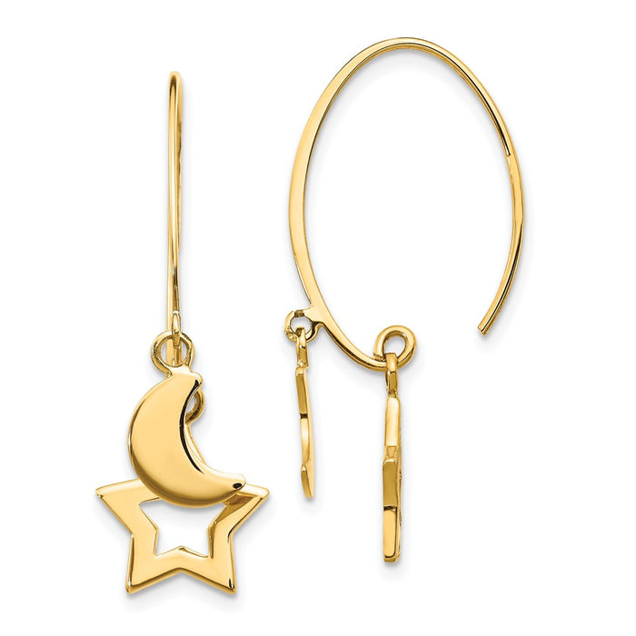 Million Charms 14k Yellow Gold Polished Star and Crescent Moon Dangle Earrings, 10.87mm x 10.87mm