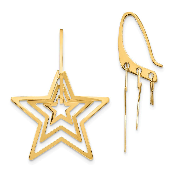 Million Charms 14k Yellow Gold Triple Star Dangle Earrings, 24.86mm x 24.86mm