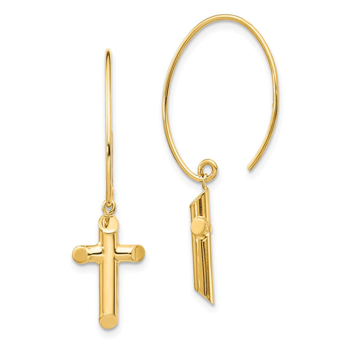 Million Charms 14k Yellow Gold Polished Cross Dangle Earrings, 35.91mm x 9.22mm