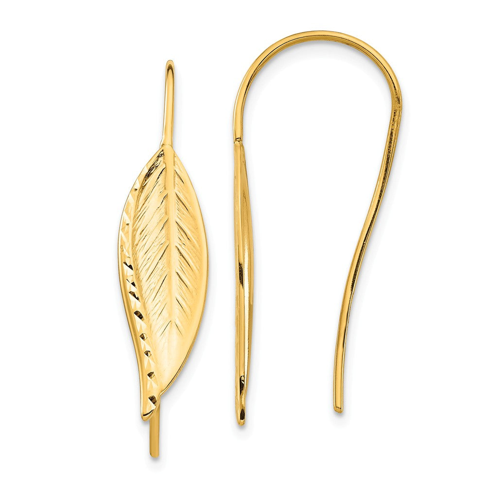 Million Charms 14k Yellow Gold Diamond-Cut Dangle Leaf Earrings, 30.84mm x 6.95mm
