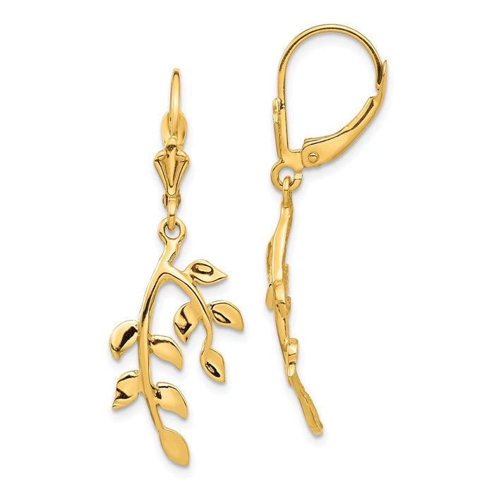 Million Charms 14k Yellow Gold Polished Leaf Leverback Earrings, 37.26mm x 10.5mm
