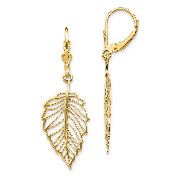 Million Charms 14k Yellow Gold Polished Leaf Leverback Earrings, 42.9mm x 13.85mm