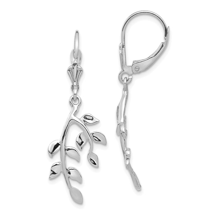 Million Charms 14K White Polished Leaf Leverback Earrings, 38.1mm x 12.6mm