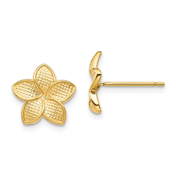 Million Charms 14k Yellow Gold Polished & Textured Plumeria Post Earrings, 10.95mm x 10.95mm