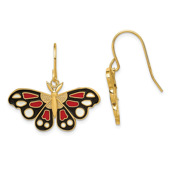 Million Charms 14k Yellow Gold Polished Enameled Butterfly Dangle Earrings,