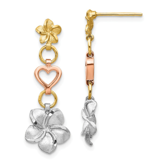 Million Charms 14K Tri-color Brushed & Polished Plumeria Dangle Post Earrings, 28.62mm x 8.9mm