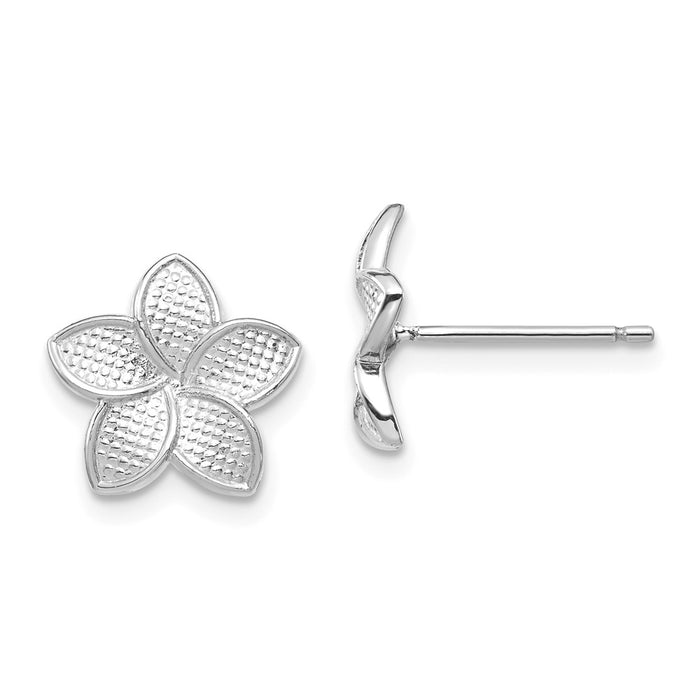 Million Charms 14K White Polished & Textured Plumeria Post Earrings, 11mm x 11mm