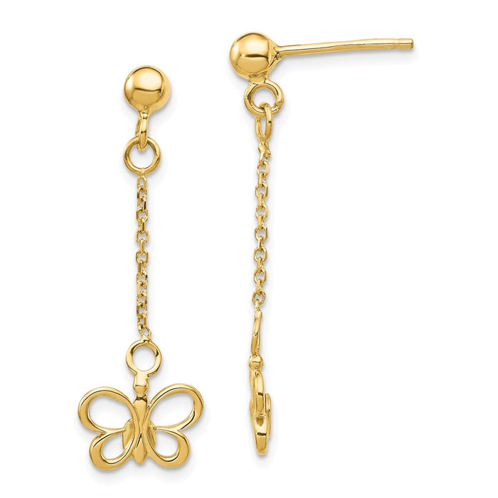 Million Charms 14k Yellow Gold Butterfly Dangle Post Earrings, 32.33mm x 11.25mm