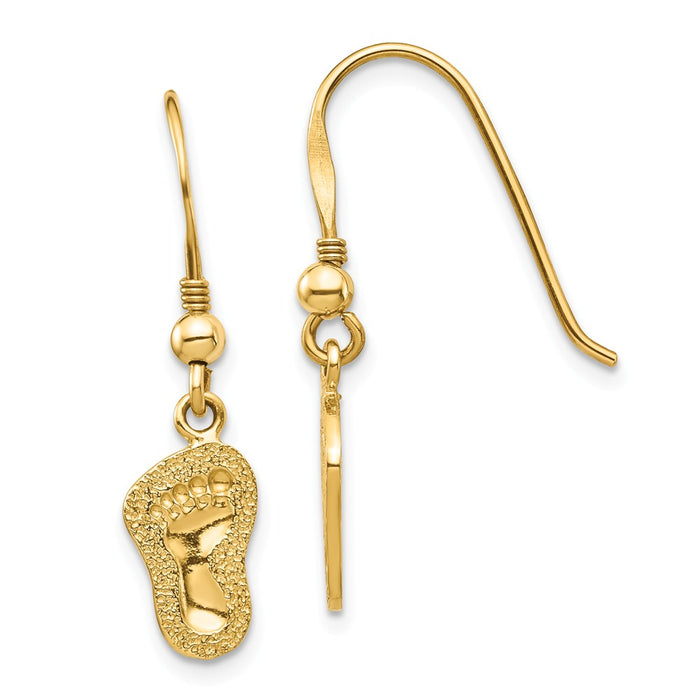 Million Charms 14k Yellow Gold Footprints Shepherd Hook Earrings, 28.7mm x 7.3mm