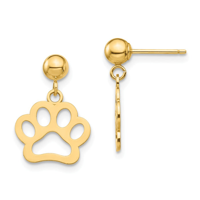 Million Charms 14k Yellow Gold Dog Paw Dangle Earrings, 15.77mm x 11.25mm